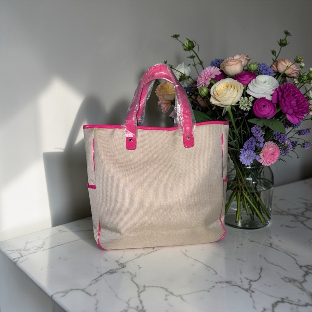 Victoria's Secret Vintage Beige Tote with Hot Pink Accents Set NEW - Picture 3 of 9